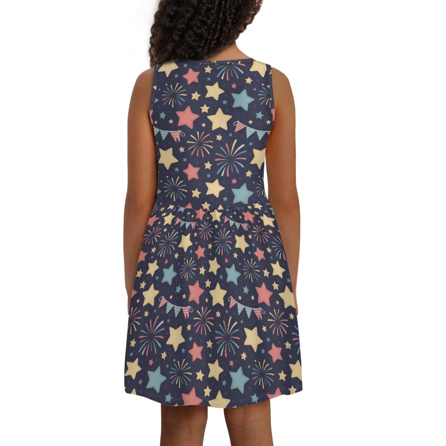 Girls Summer Star & Firework Dress – Colorful Sleeveless Twirl Dress for Little Girls