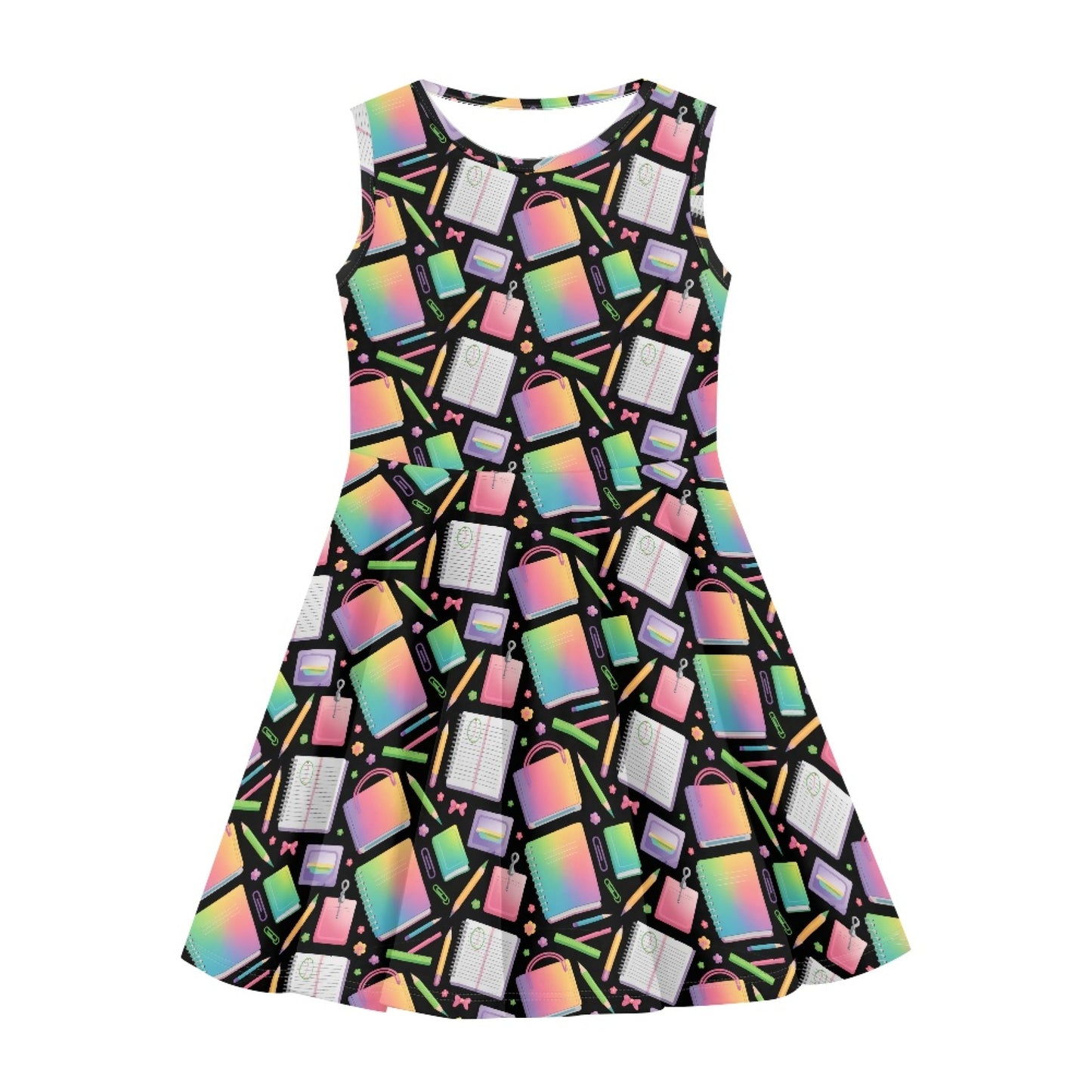 Girls Neon School Supplies Dress | Cute Rainbow Sleeveless Twirl Dress for Kids
