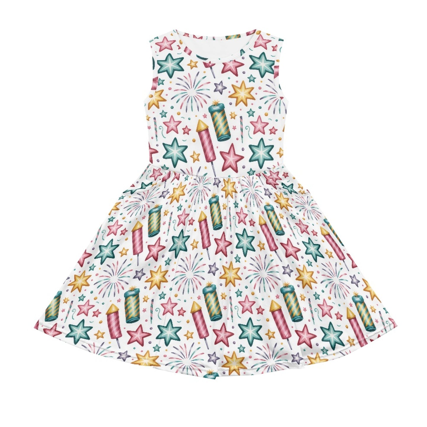 Girls Fireworks Stars Dress – Colorful Sleeveless Summer Twirl Dress for Toddler & Little Girls