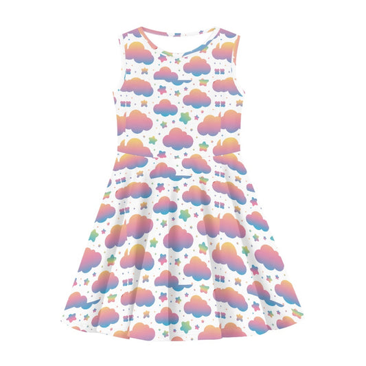 Girls Pastel Cloud Dress | Cute Rainbow Sky Sleeveless Twirl Dress for Kids