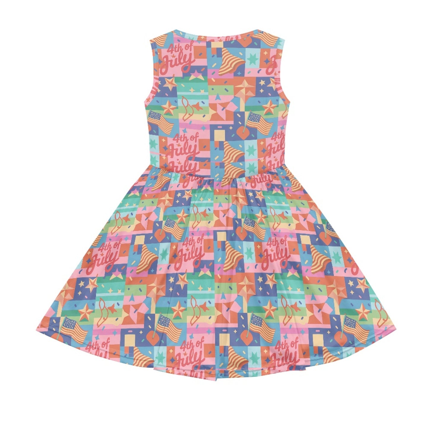 Girls 4th of July Patchwork Dress – Colorful Patriotic Sleeveless Twirl Dress for Toddler & Little Girls