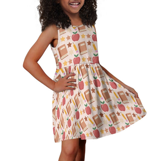 Girls Back to School Apple Print Dress | Cute School Theme Sleeveless Twirl Dress for Kids