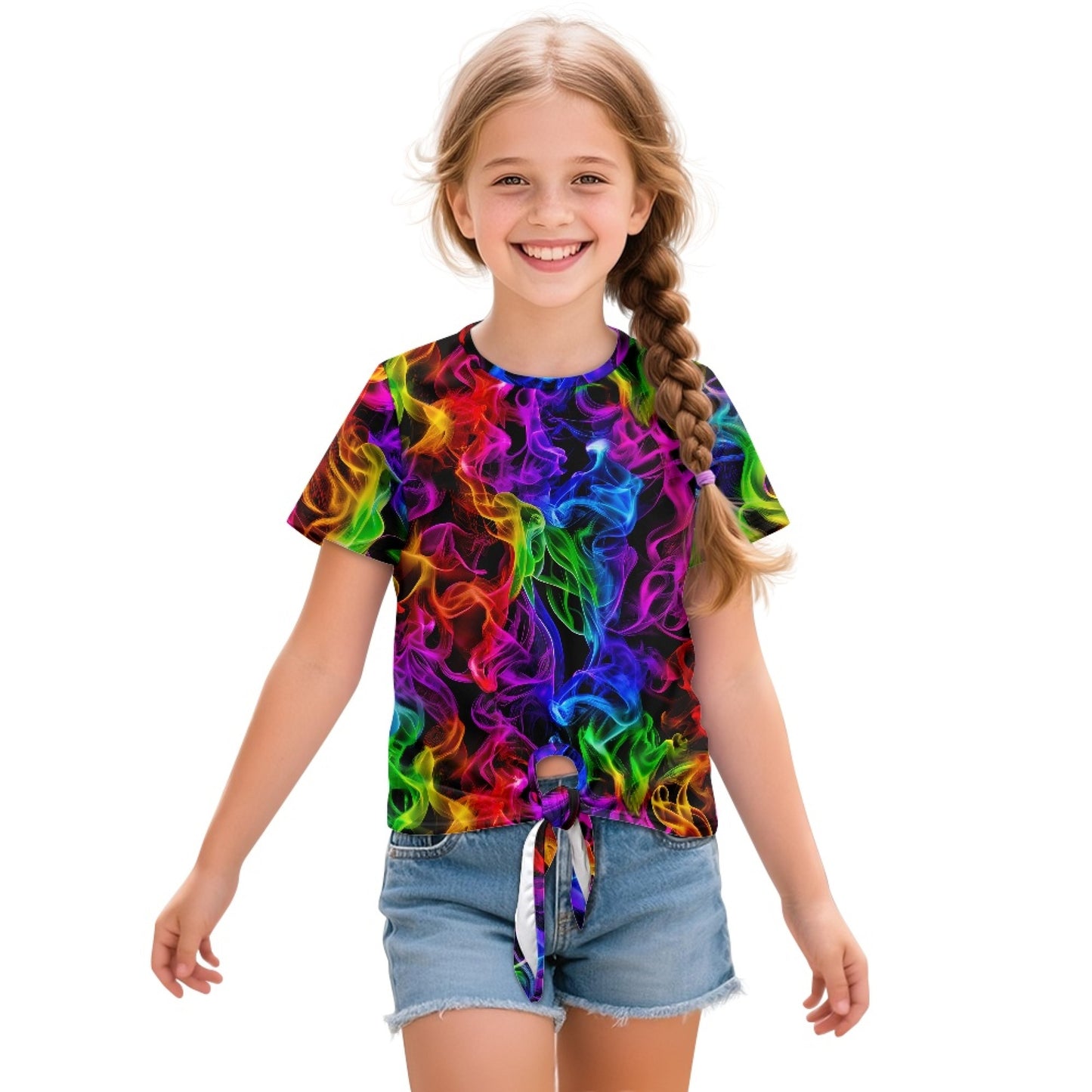 Rainbow Smoke Abstract All-Over Print Girl's Front-Tie Tee