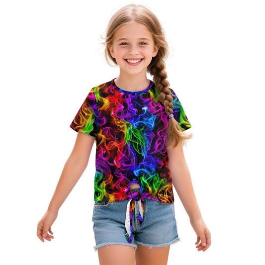 Rainbow Smoke Abstract All-Over Print Girl's Front-Tie Tee