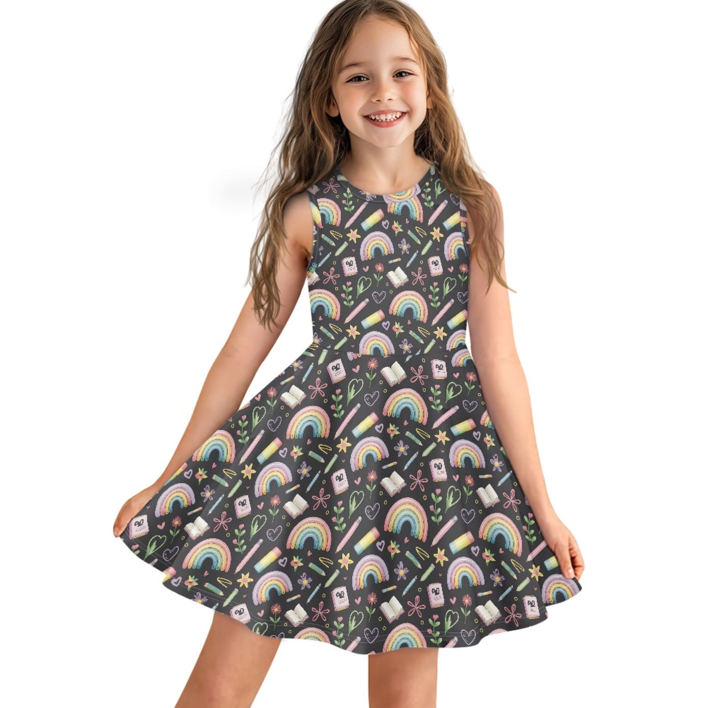 Girls Rainbow Schoolcore Dress | Cute Sleeveless Twirl Dress for Kids
