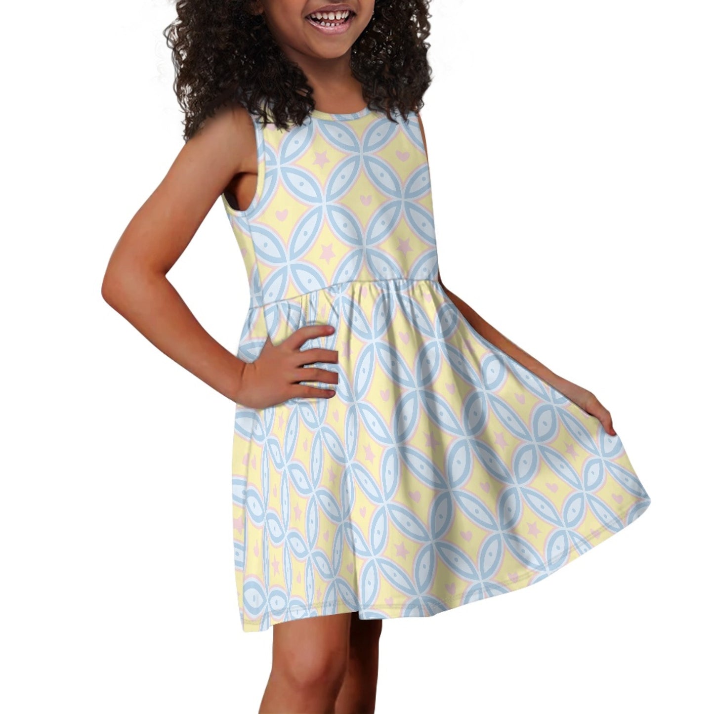 Girls Geometric Pattern Dress | Retro Style Sleeveless Kids Dress