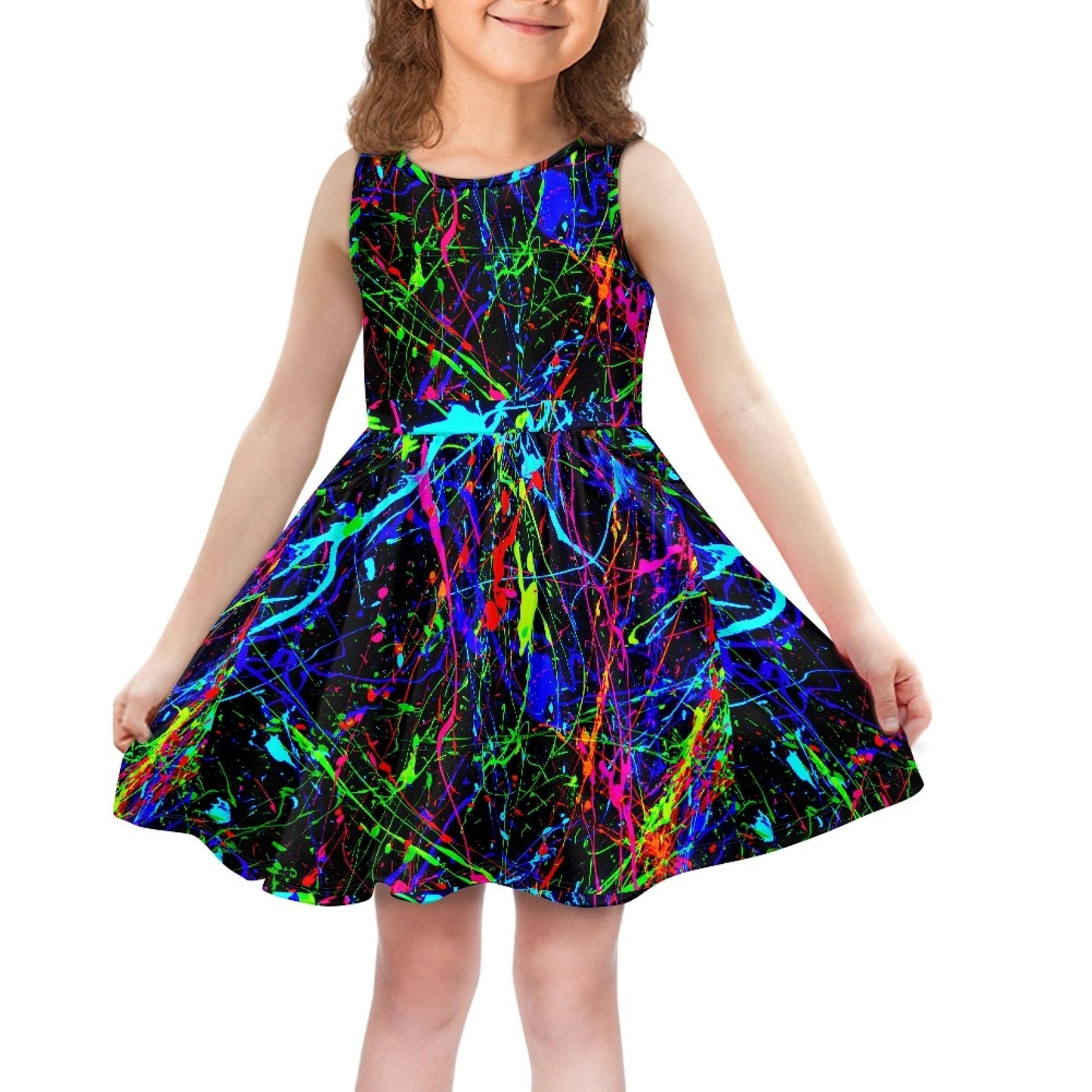 Girls Neon Rainbow Sleeveless Dress with Pockets – Casual Dress (2-14T)