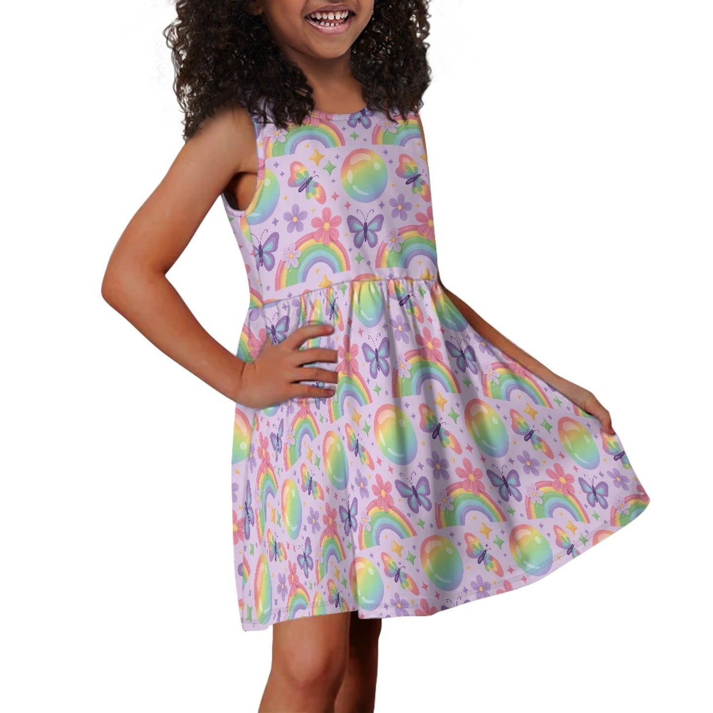 Girls Rainbow Butterfly Dress – Cute Pastel Sleeveless Twirl Dress for Toddler & Little Girls