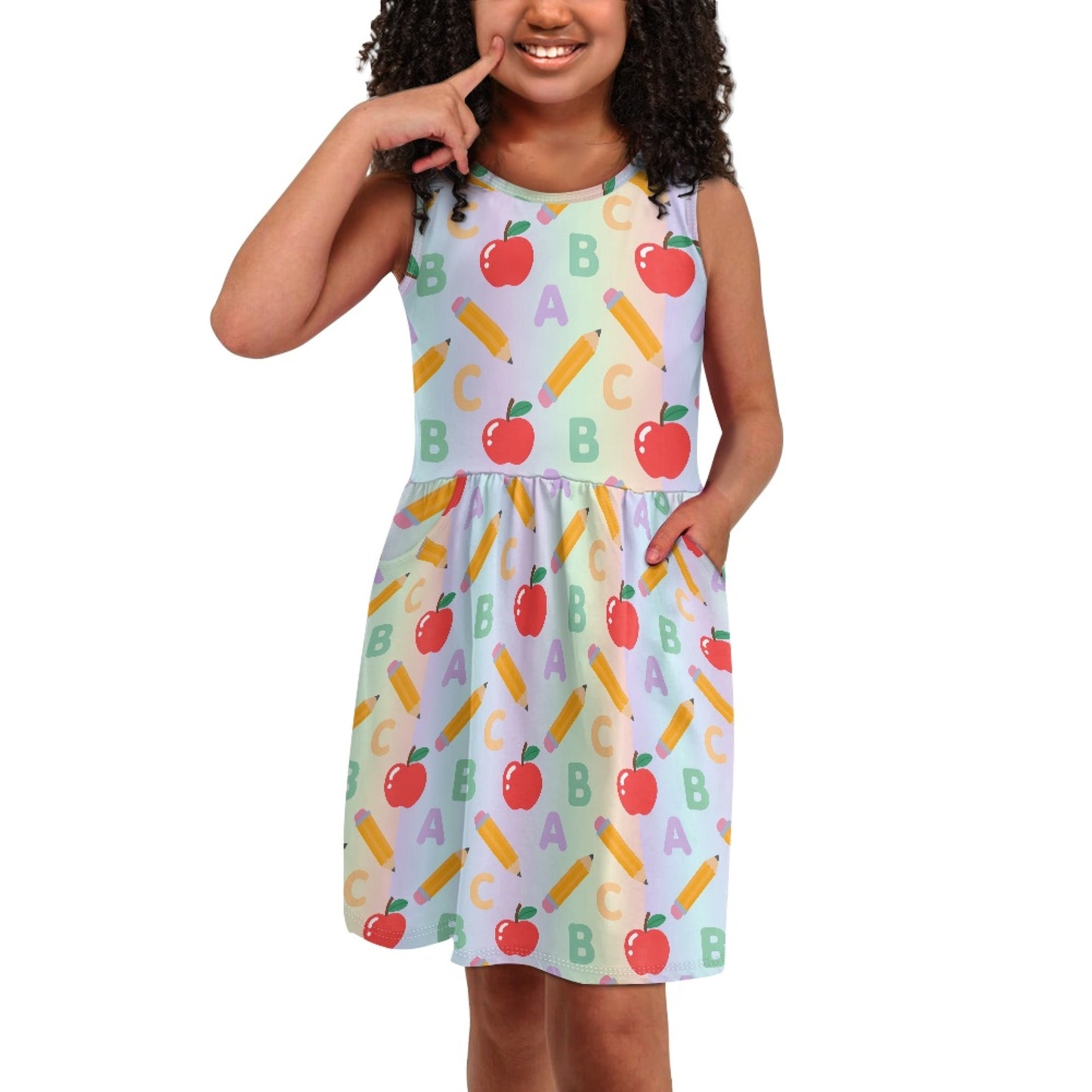 Girls ABC Apple Print Dress | Colorful Back to School Sleeveless Dress