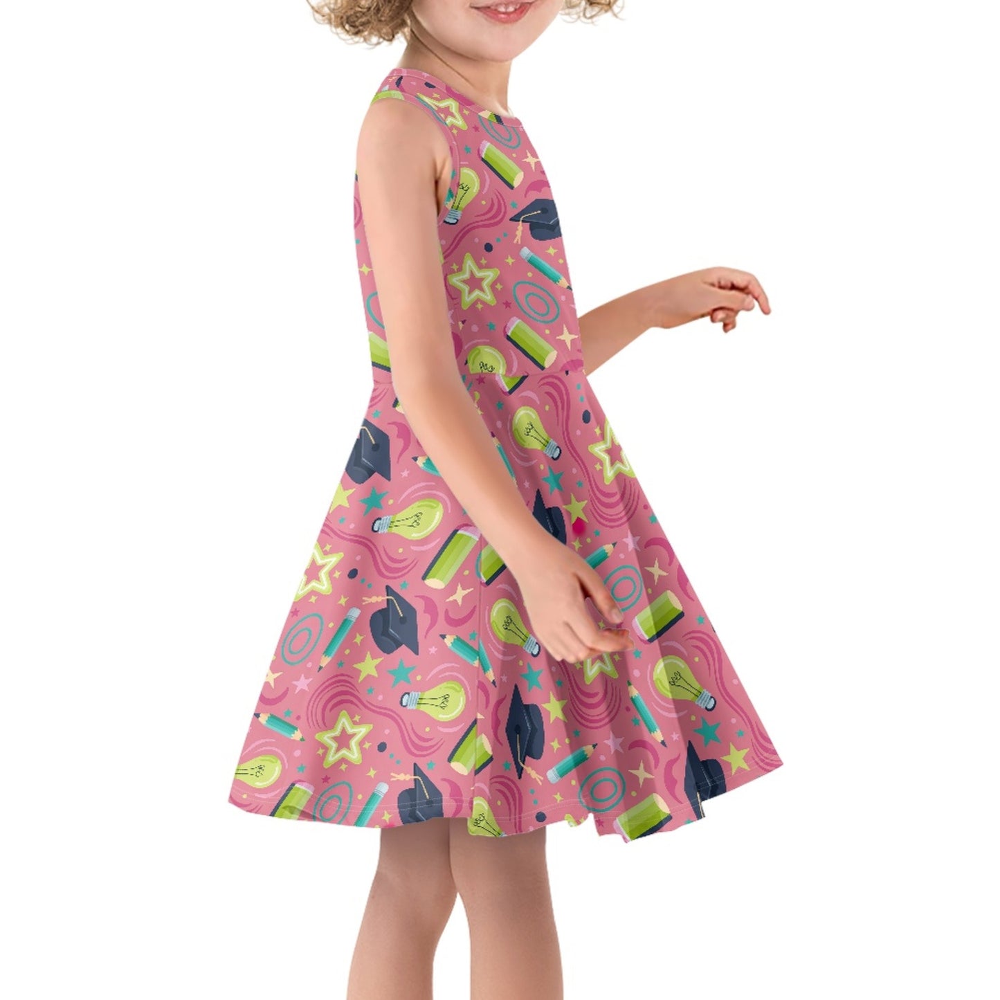 Girls Graduation School Dress | Cute Pink Sleeveless Twirl Dress for Kids