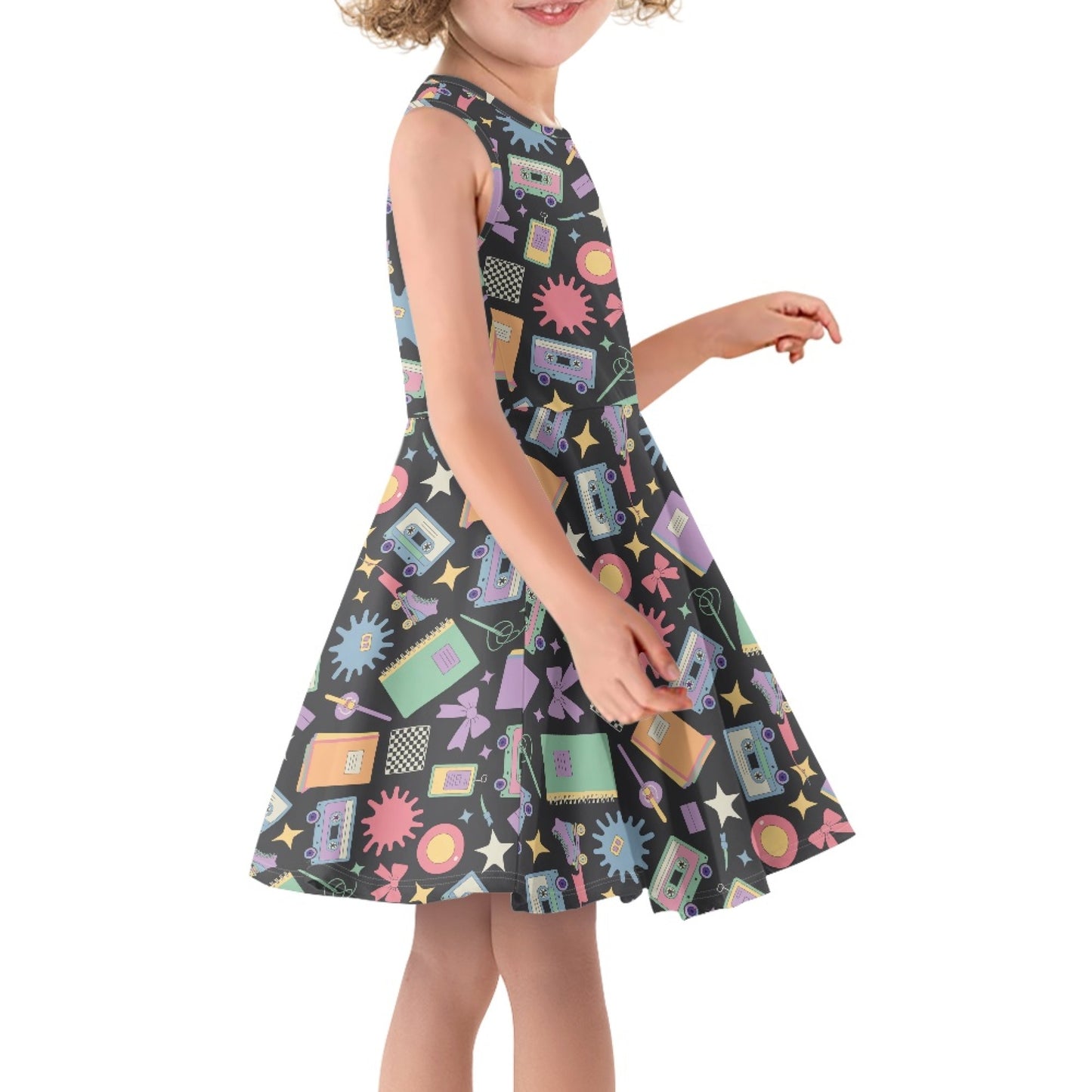 Girls Retro Schoolcore Dress | Cute Cassette Print Sleeveless Twirl Dress for Kids