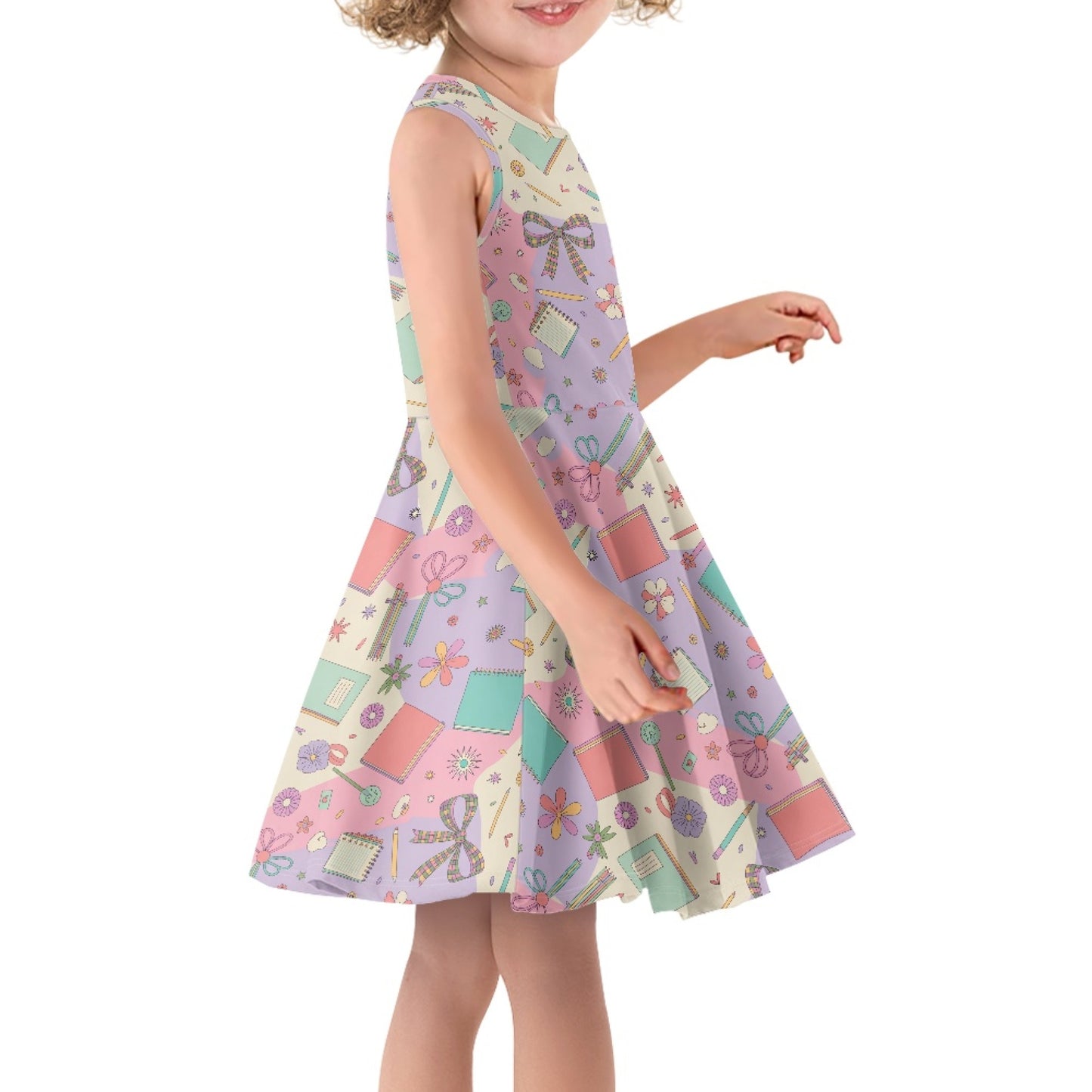 Girls Pastel Schoolcore Dress | Cute Stationery Sleeveless Twirl Dress for Kids