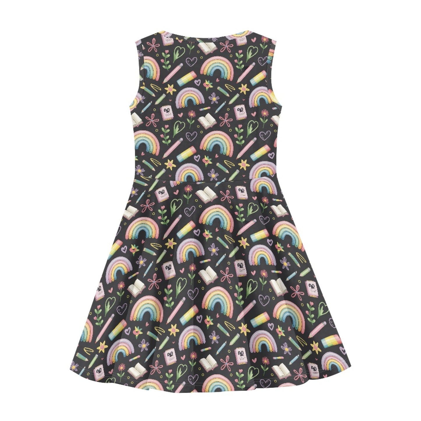 Girls Rainbow Schoolcore Dress | Cute Sleeveless Twirl Dress for Kids