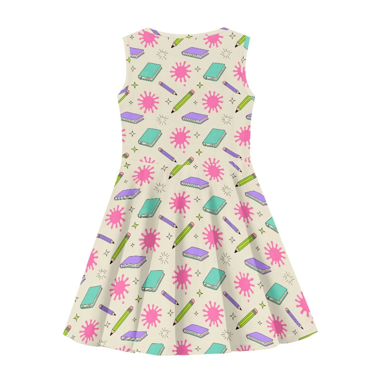 Girls Schoolcore Pencil & Notebook Dress | Cute Sleeveless Twirl Dress for Kids
