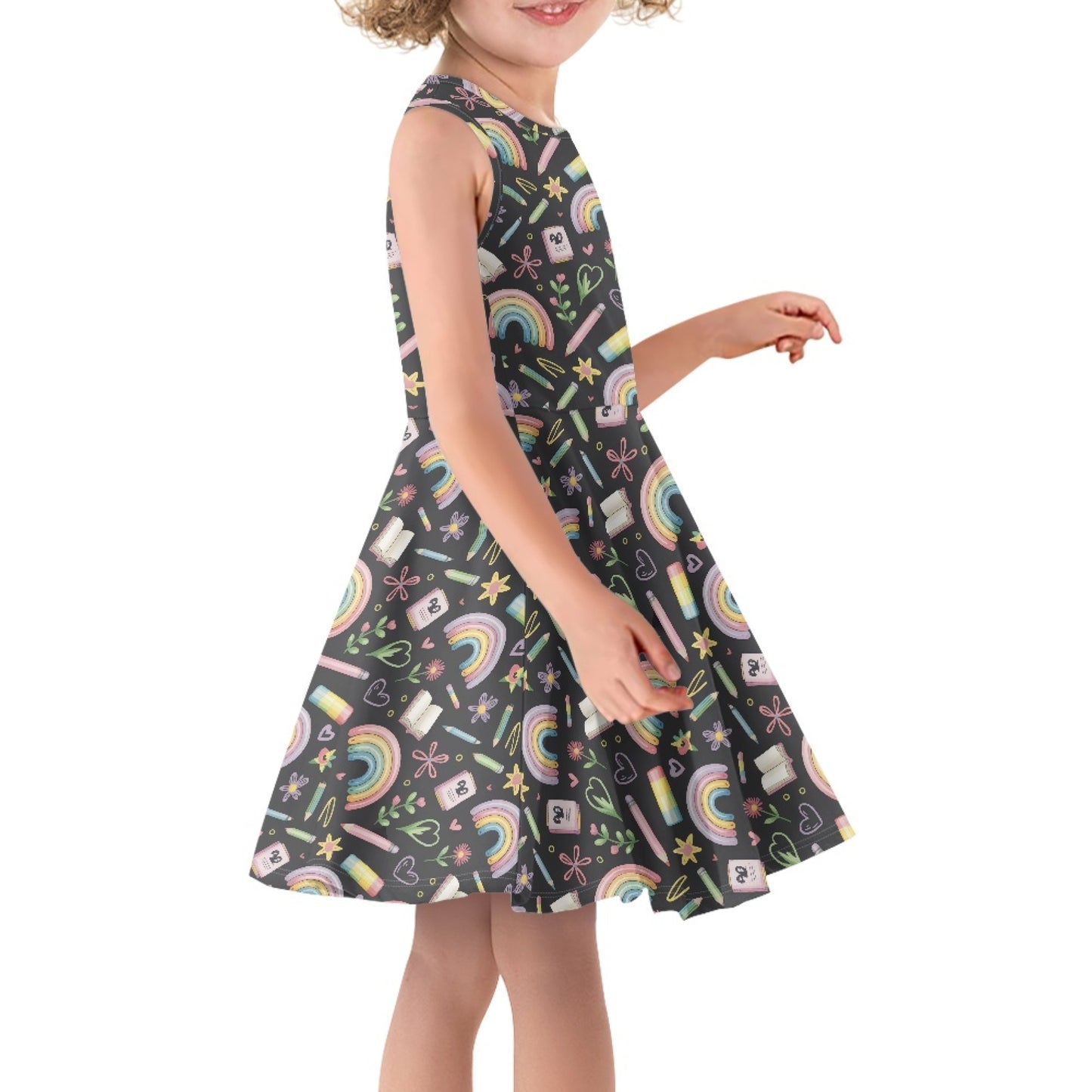 Girls Rainbow Schoolcore Dress | Cute Sleeveless Twirl Dress for Kids