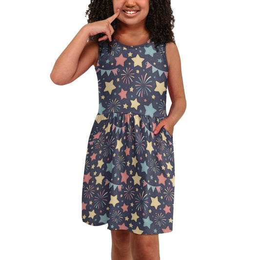 Girls Summer Star & Firework Dress – Colorful Sleeveless Twirl Dress for Little Girls