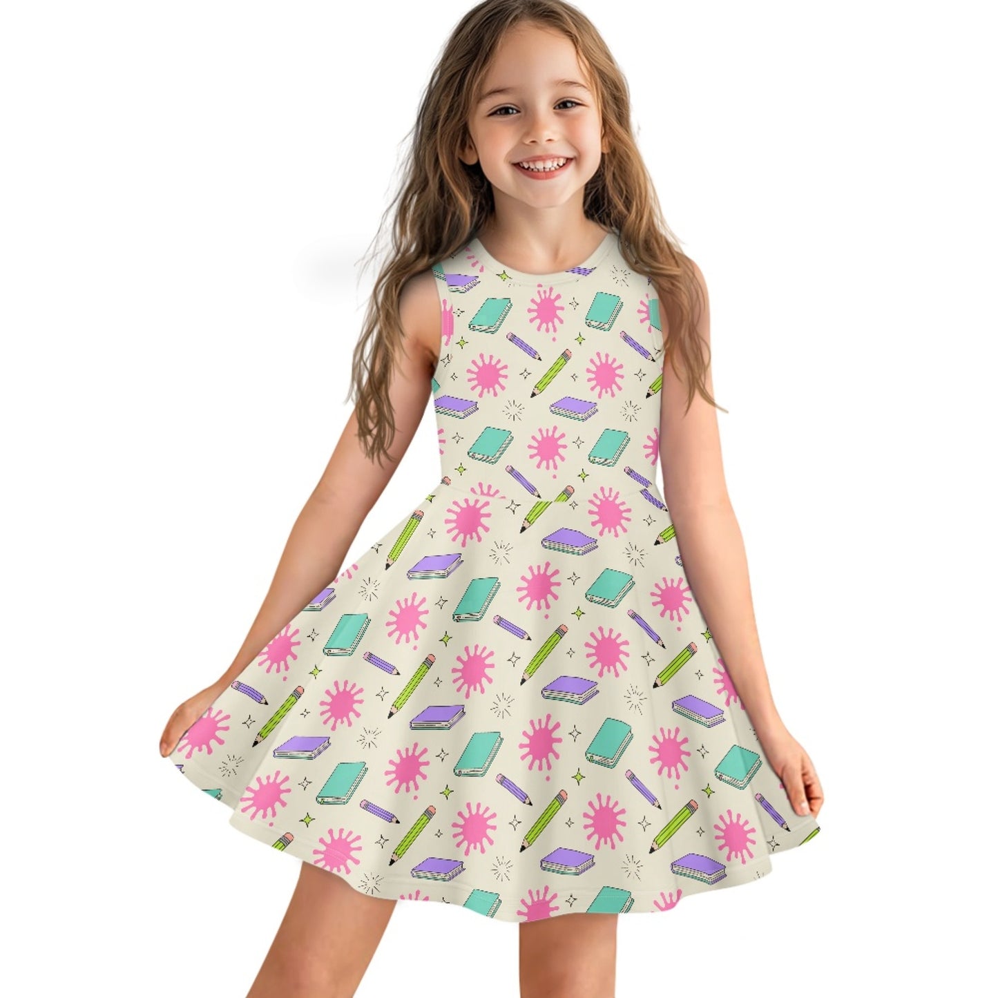 Girls Schoolcore Pencil & Notebook Dress | Cute Sleeveless Twirl Dress for Kids