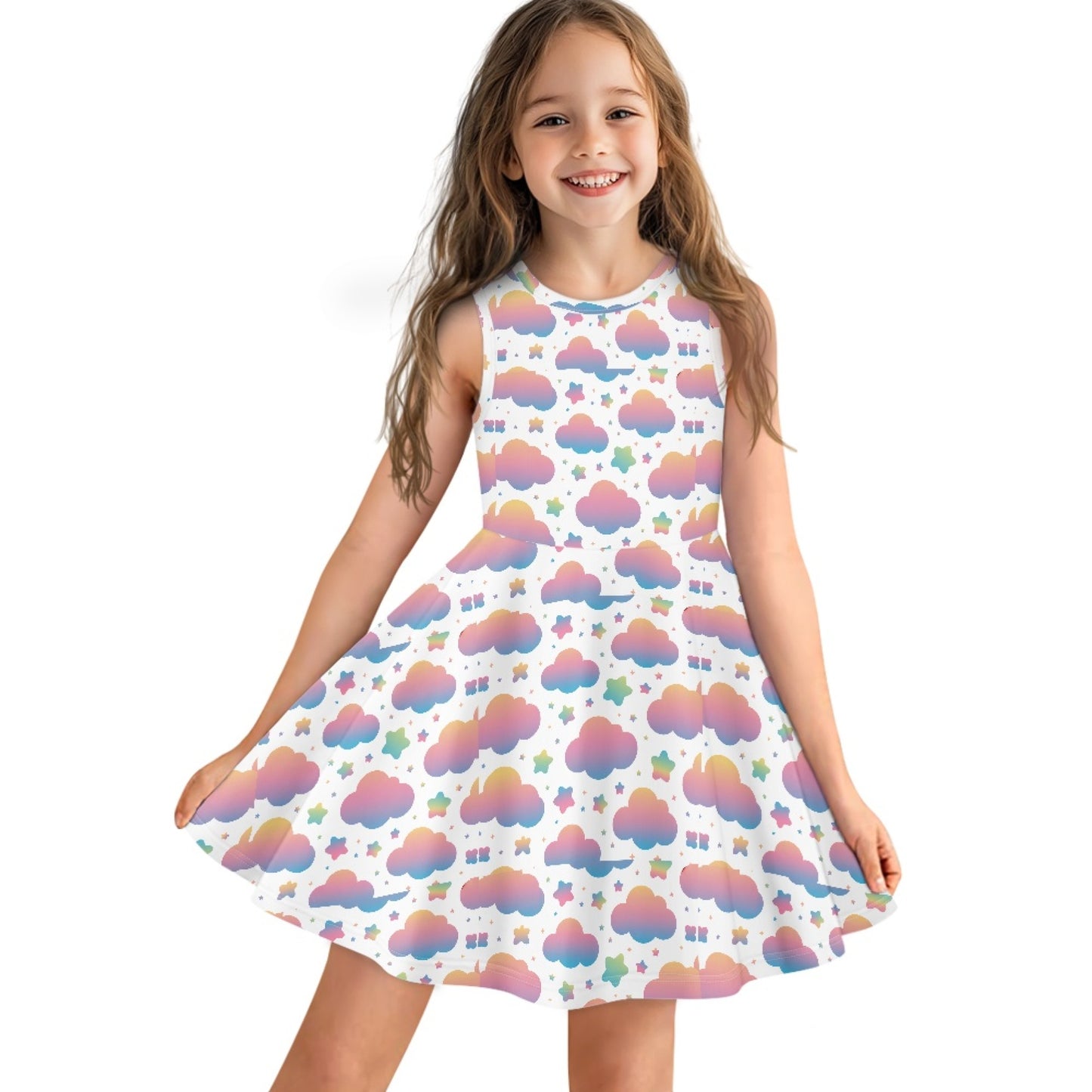 Girls Pastel Cloud Dress | Cute Rainbow Sky Sleeveless Twirl Dress for Kids