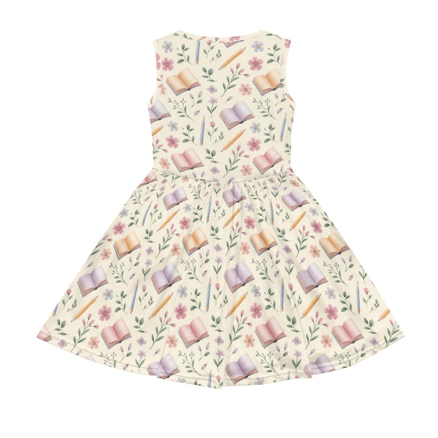 Girls Floral Book Print Dress | Cute School Theme Sleeveless Twirl Dress