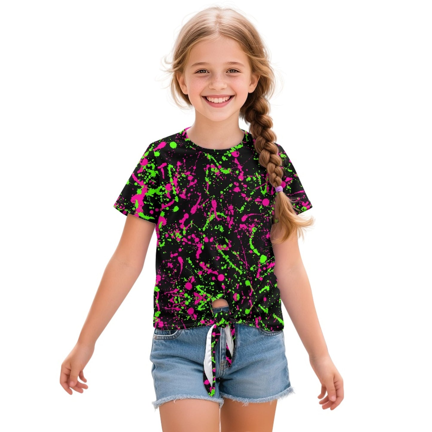 Neon Splatter Paint All-Over Print Girl's Front-Tie Tee