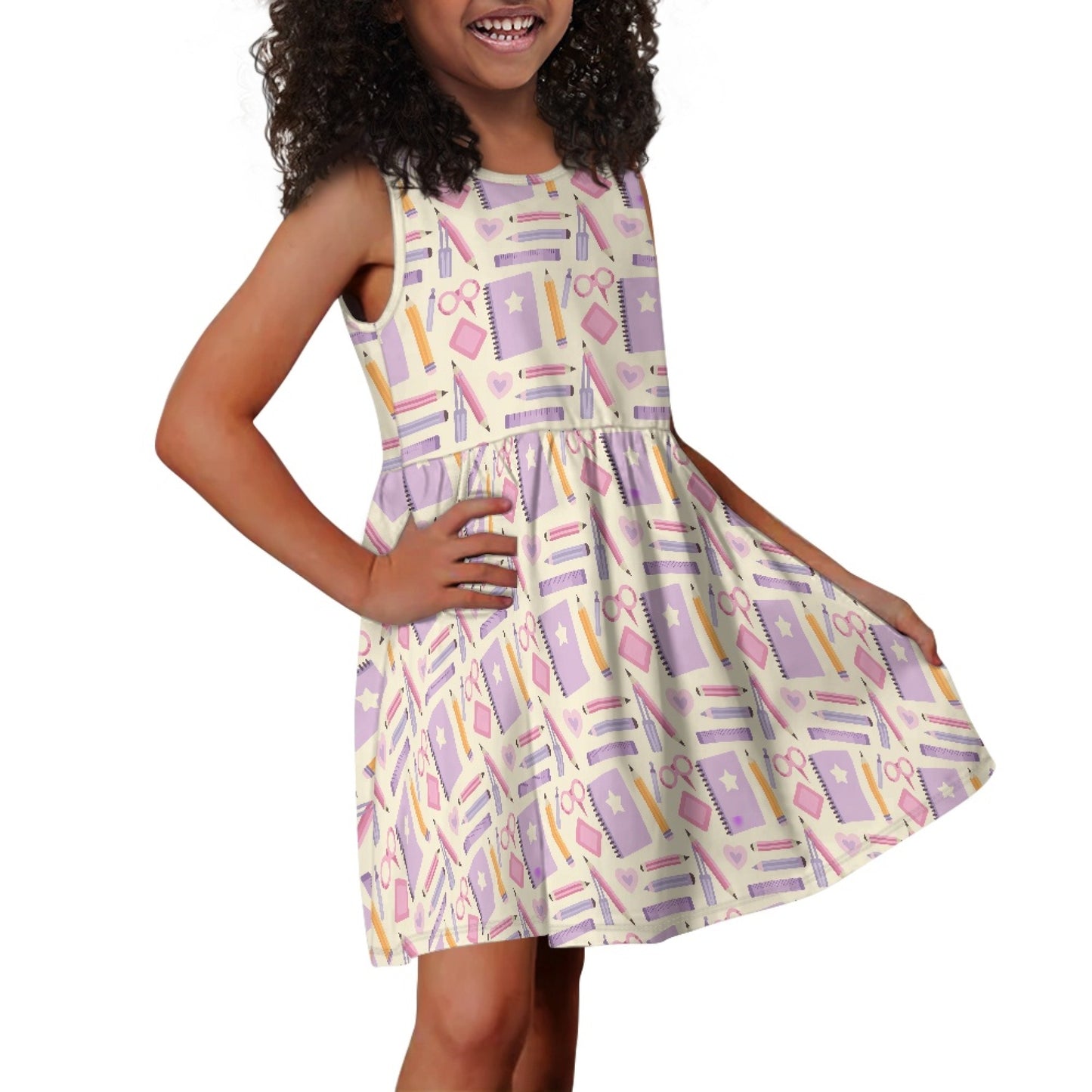 Girls School Supplies Print Dress | Cute Stationery Pattern Sleeveless Dress