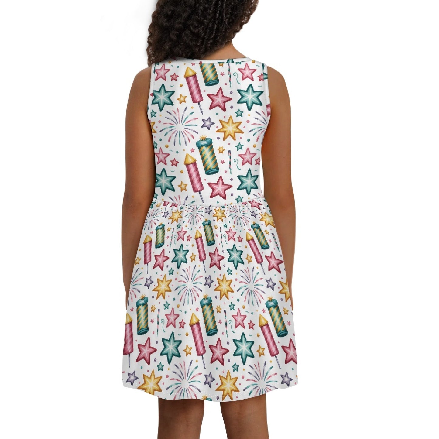 Girls Fireworks Stars Dress – Colorful Sleeveless Summer Twirl Dress for Toddler & Little Girls