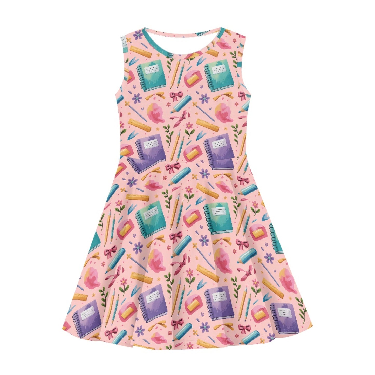 Girls School Supplies Dress | Cute Pink Sleeveless Twirl Dress for Kids