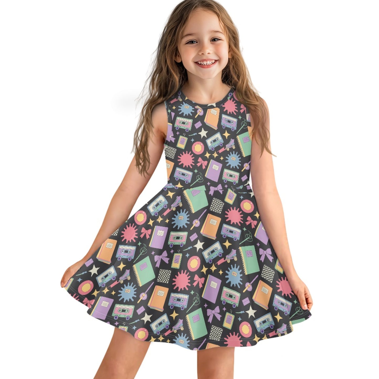 Girls Retro Schoolcore Dress | Cute Cassette Print Sleeveless Twirl Dress for Kids