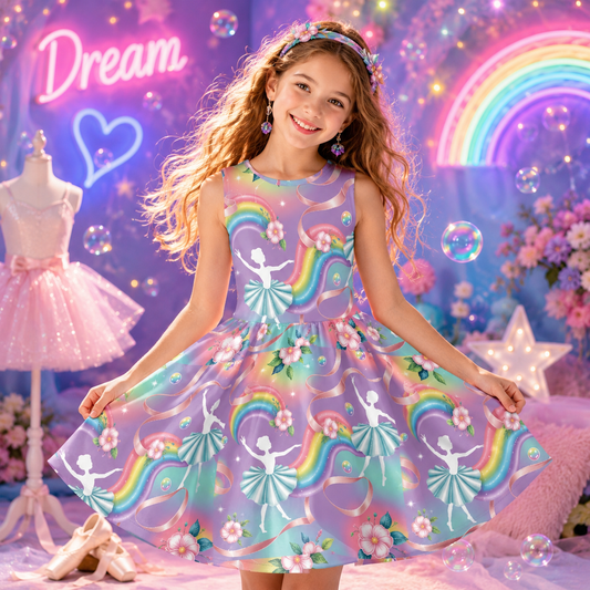 Girls Rainbow Ballet Dress | Cute Sleeveless Twirl Dress for Kids