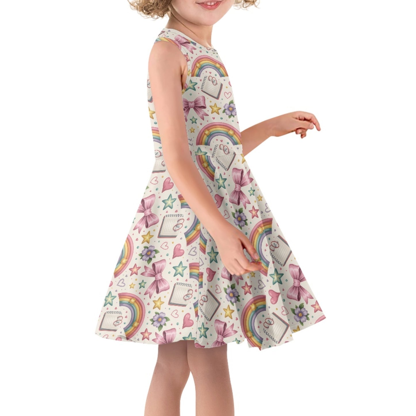 Girls Rainbow Schoolcore Dress | Cute Sleeveless Twirl Dress for Kids