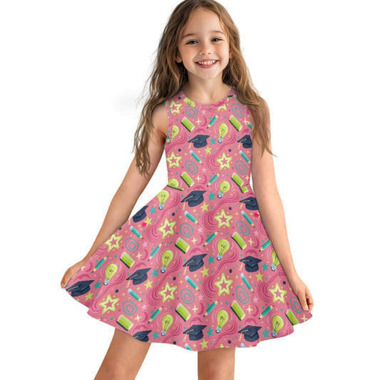 Girls Graduation School Dress | Cute Pink Sleeveless Twirl Dress for Kids