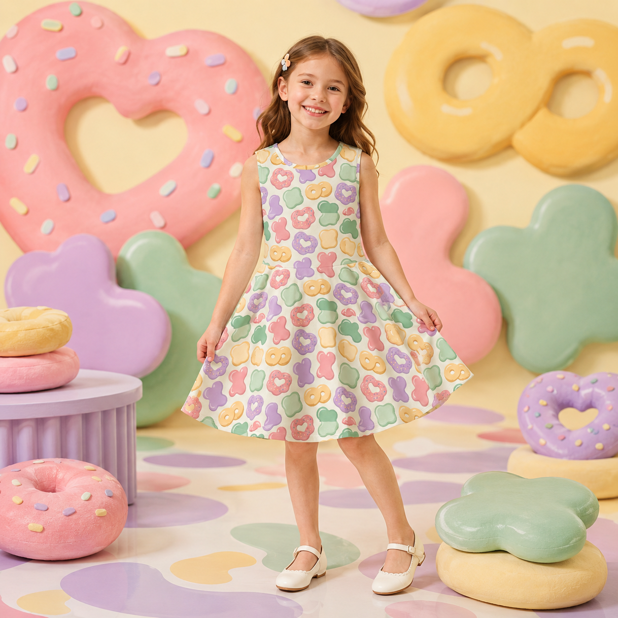 Girls Pastel Cookie Dress | Cute Kawaii Sleeveless Twirl Dress for Kids