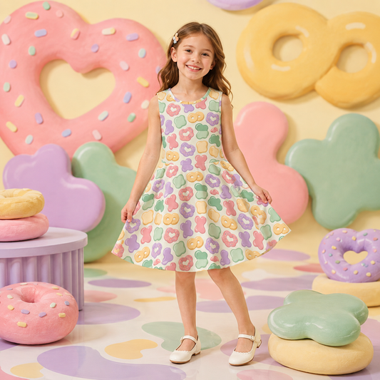 Girls Pastel Cookie Dress | Cute Kawaii Sleeveless Twirl Dress for Kids