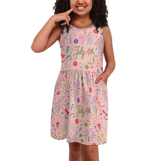 Girls July 4th Fireworks Dress – Cute Pink Independence Day Sleeveless Twirl Dress for Toddler & Little Girls