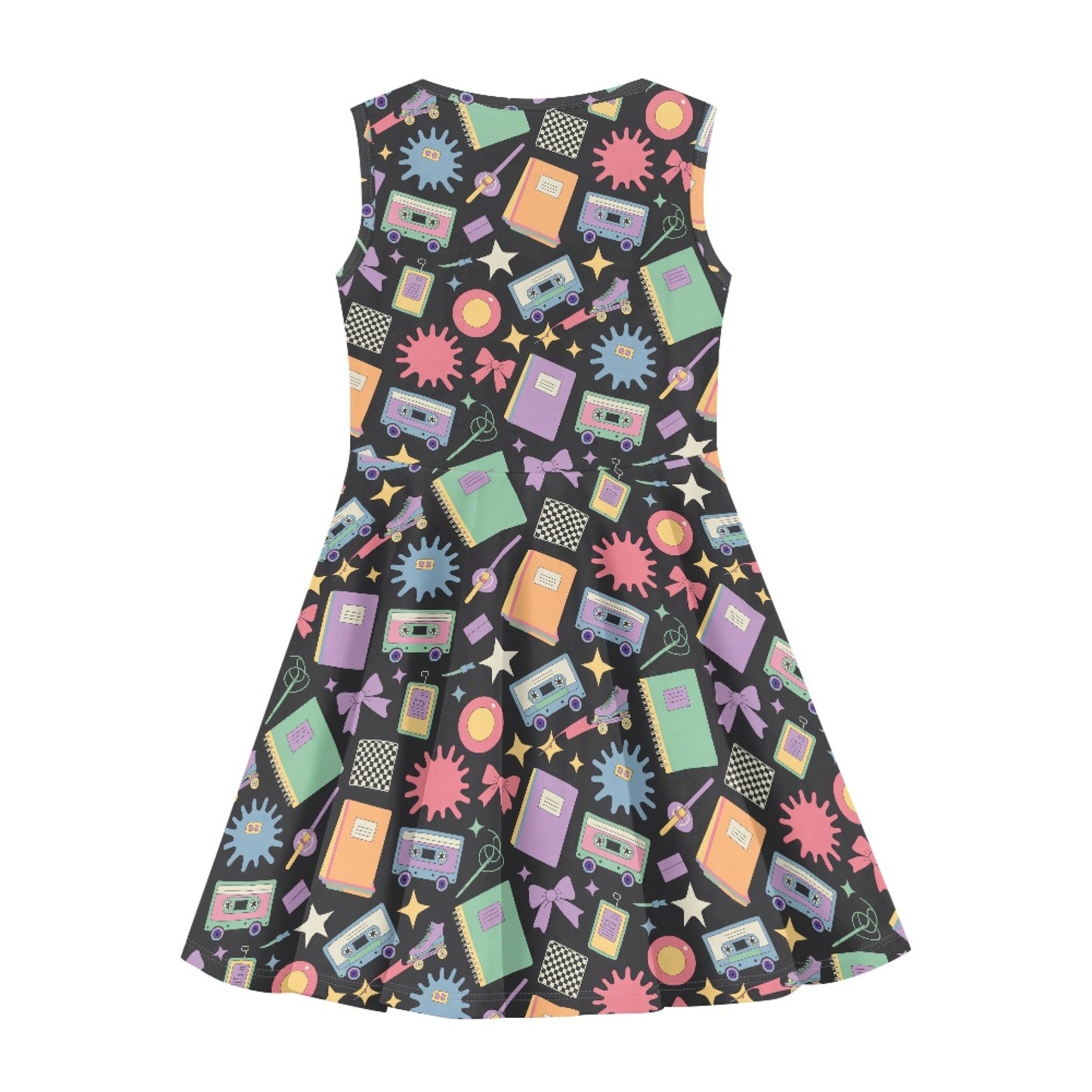 Girls Retro Schoolcore Dress | Cute Cassette Print Sleeveless Twirl Dress for Kids
