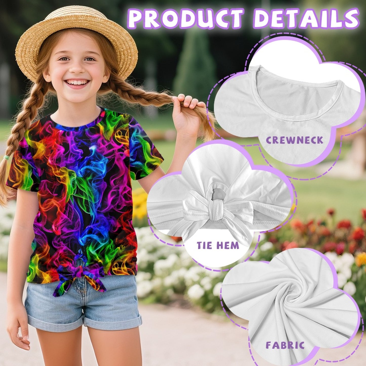 Rainbow Smoke Abstract All-Over Print Girl's Front-Tie Tee