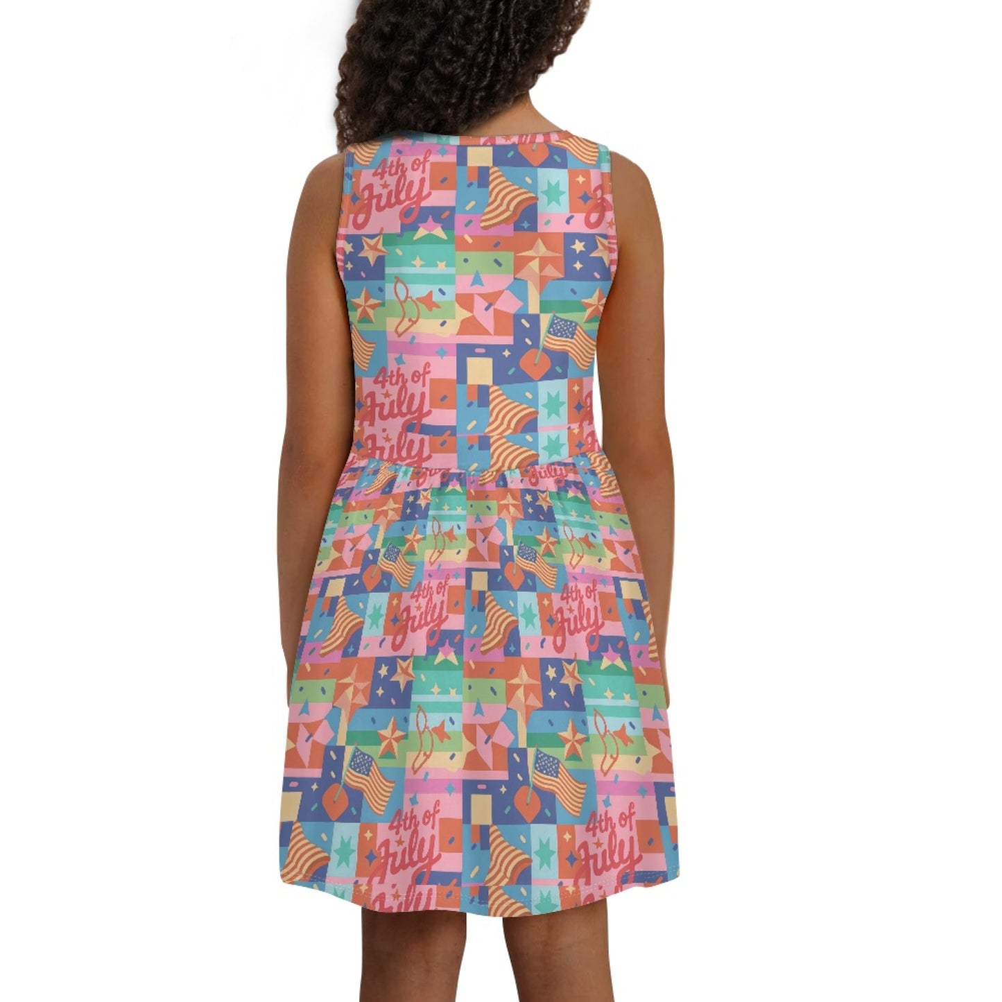 Girls 4th of July Patchwork Dress – Colorful Patriotic Sleeveless Twirl Dress for Toddler & Little Girls