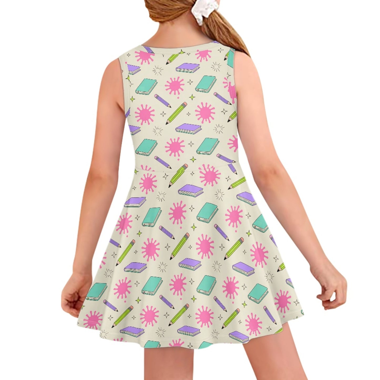 Girls Schoolcore Pencil & Notebook Dress | Cute Sleeveless Twirl Dress for Kids