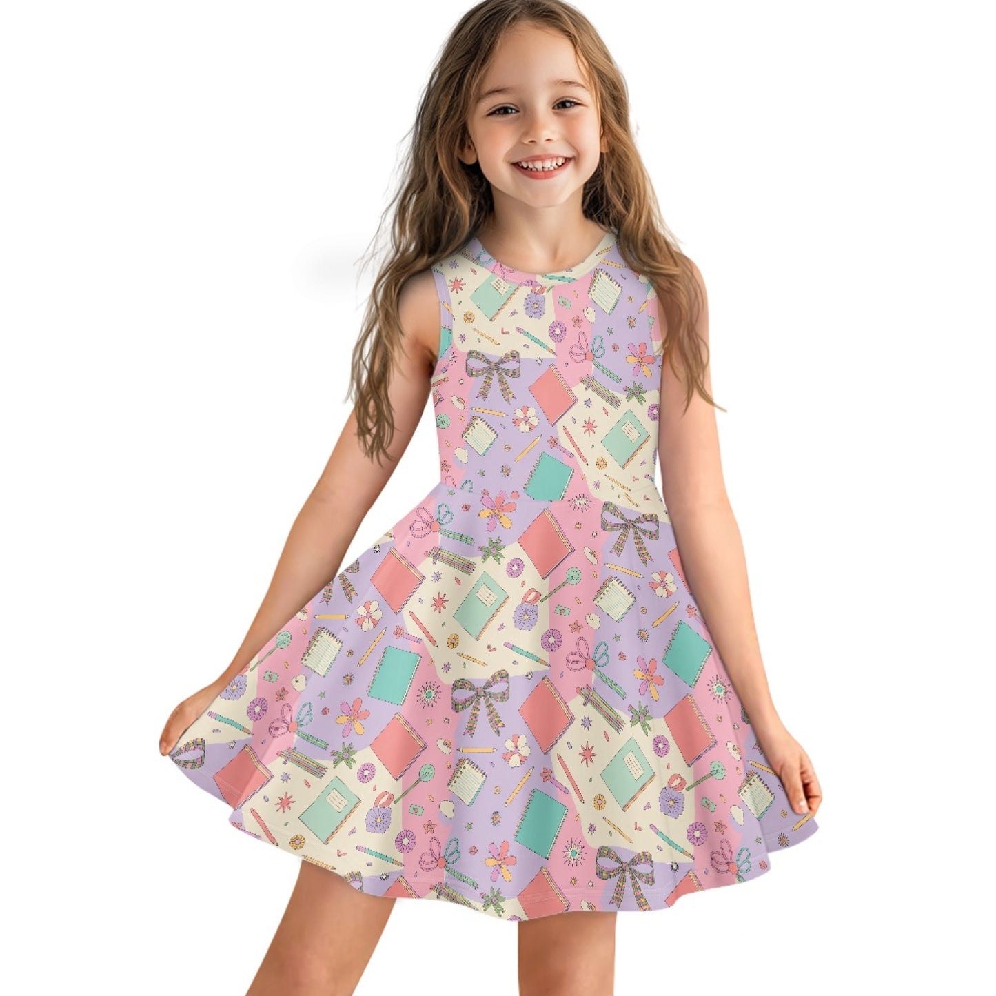 Girls Pastel Schoolcore Dress | Cute Stationery Sleeveless Twirl Dress for Kids