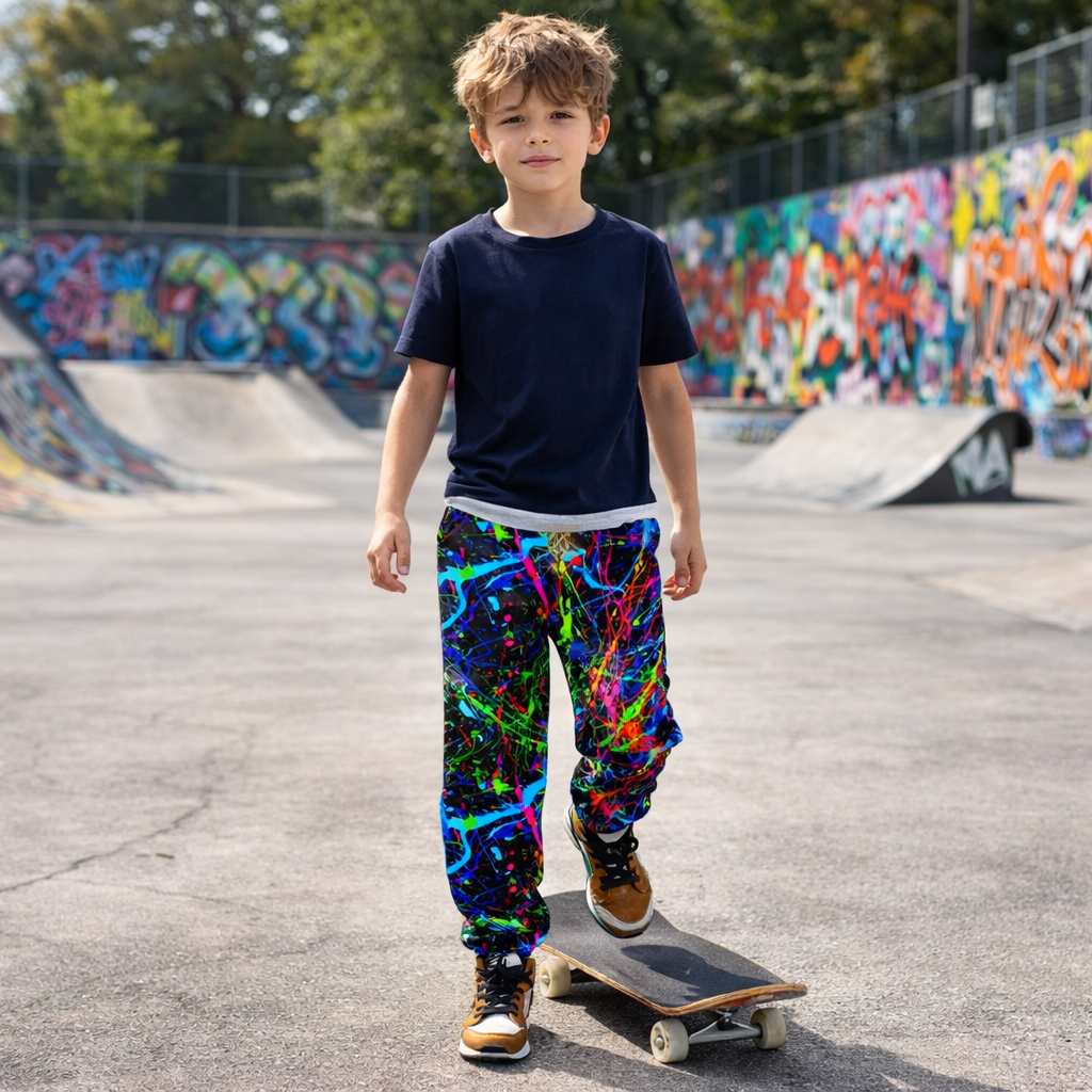 Boys Neon Rainbow Jogger Pants – Stretch Athletic Kids Sweatpants