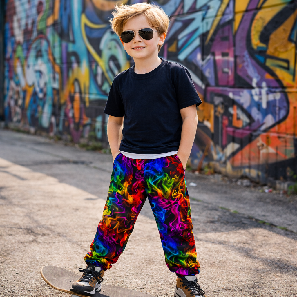 Boys Rainbow Smoke Jogger Pants – Stretch Athletic Kids Sweatpants