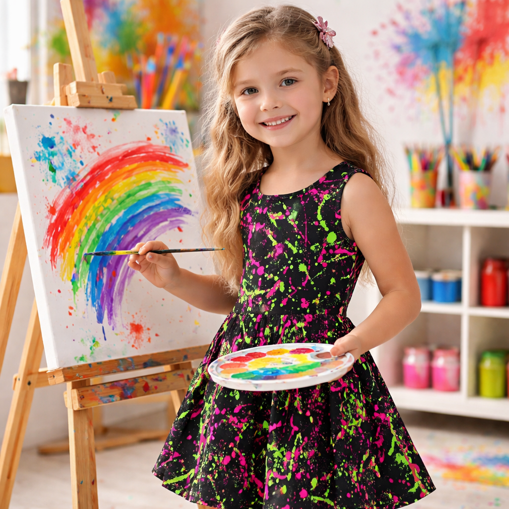 Girls Neon Rainbow Sleeveless Dress with Pockets for Glow Party