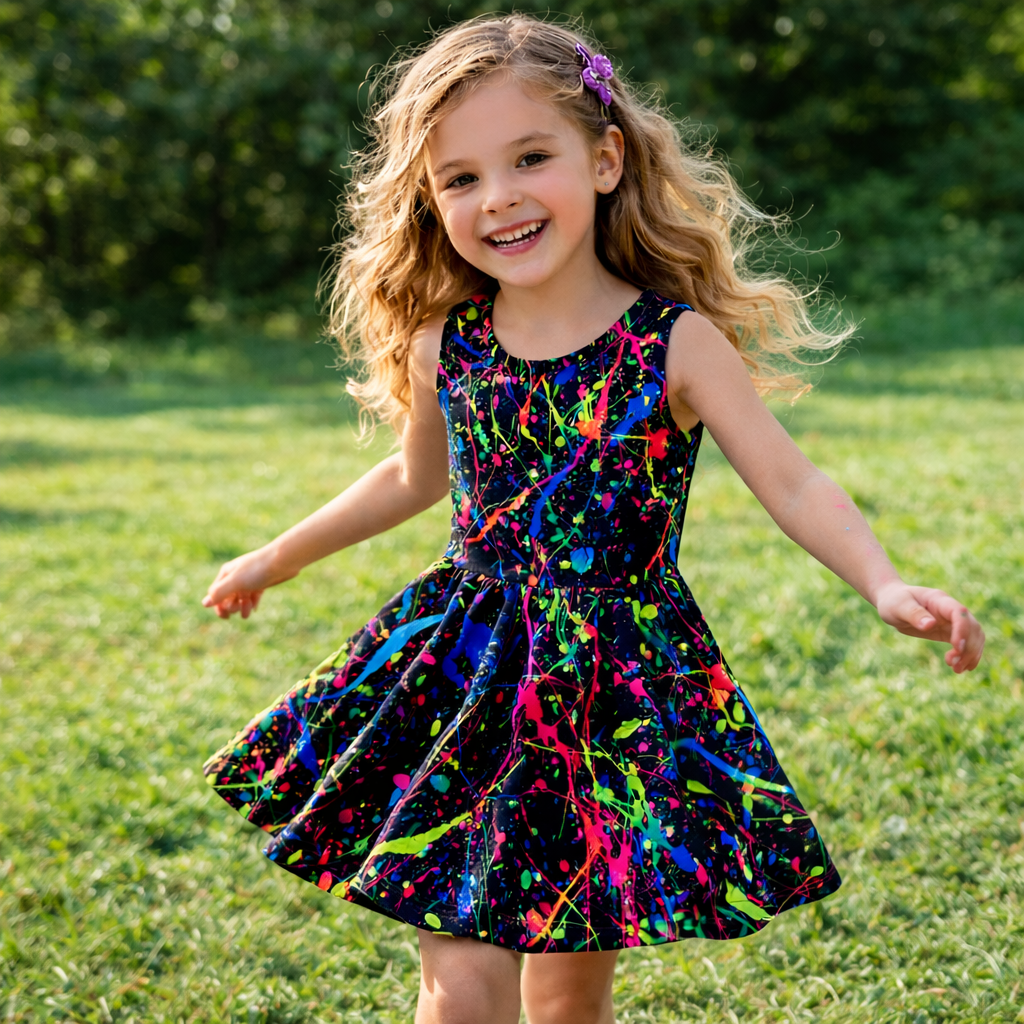 Girls Neon Paint Splash Dress – Sleeveless Twirl Dress for Kids | Summer Party, Art Class & Holiday Outfit