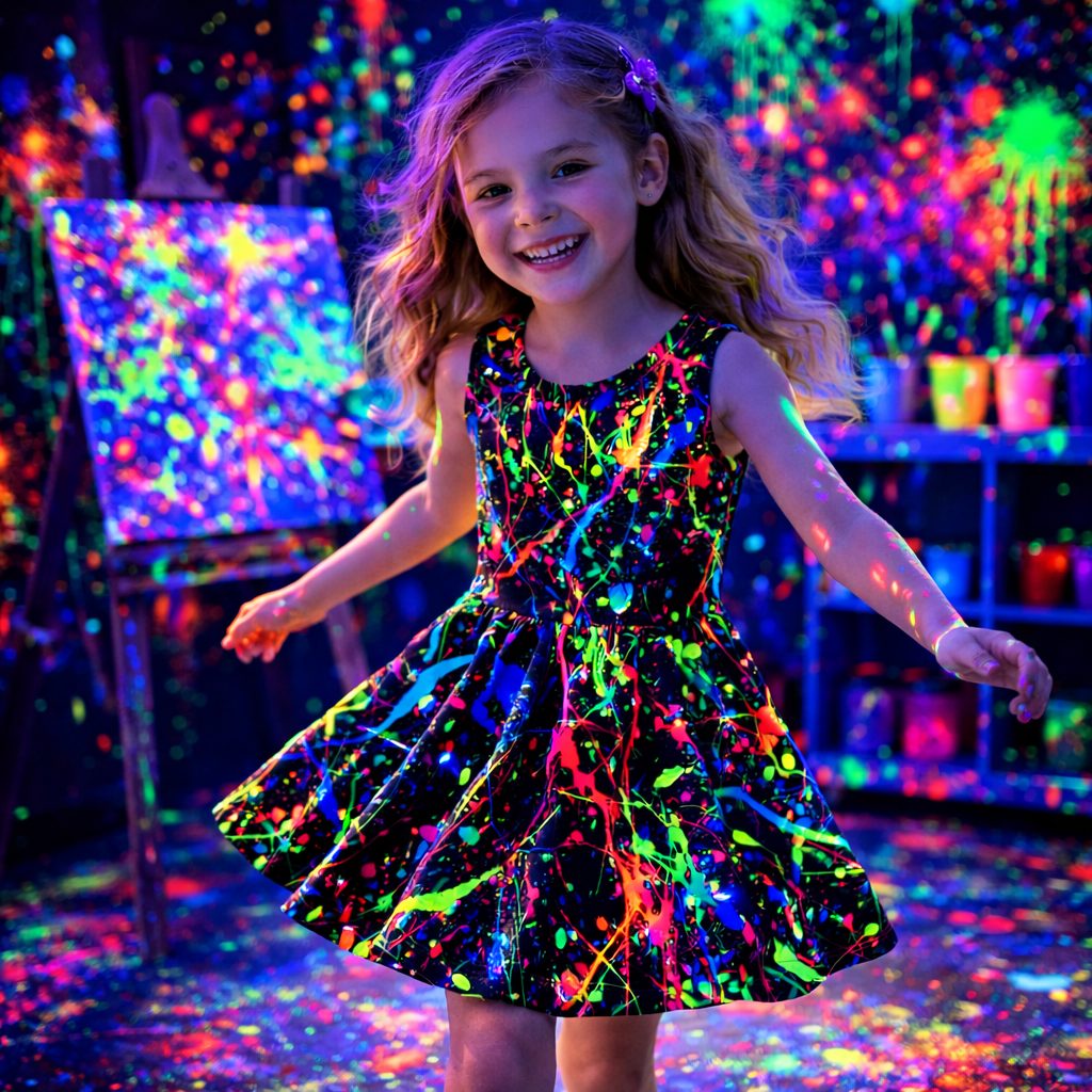 Girls Neon Paint Splash Dress – Sleeveless Twirl Dress for Kids | Summer Party, Art Class & Holiday Outfit