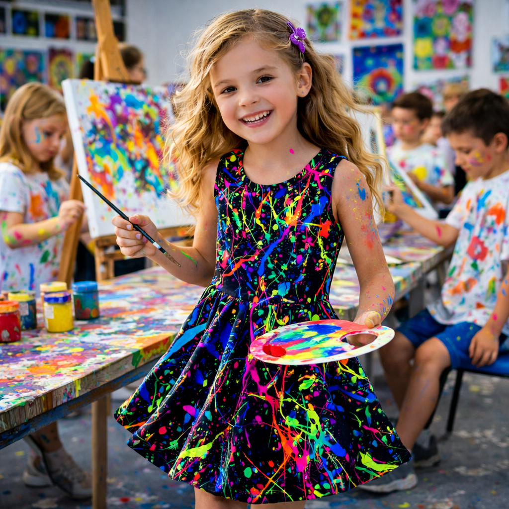 Girls Neon Paint Splash Dress – Sleeveless Twirl Dress for Kids | Summer Party, Art Class & Holiday Outfit