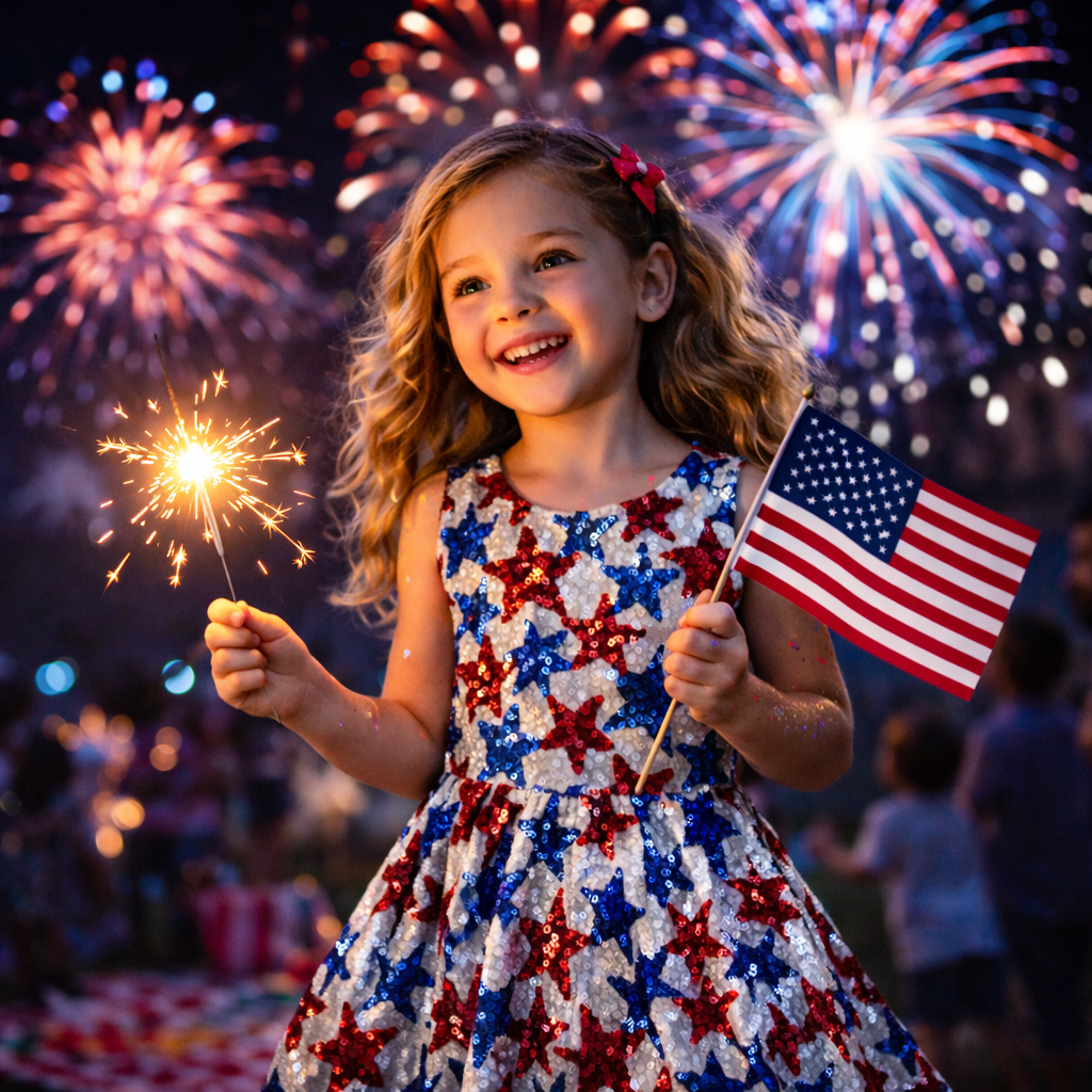 Girls Patriotic Star Sequin Dress – Sleeveless Twirl Dress for Kids | Independence Day Party & Summer Holiday Outfit