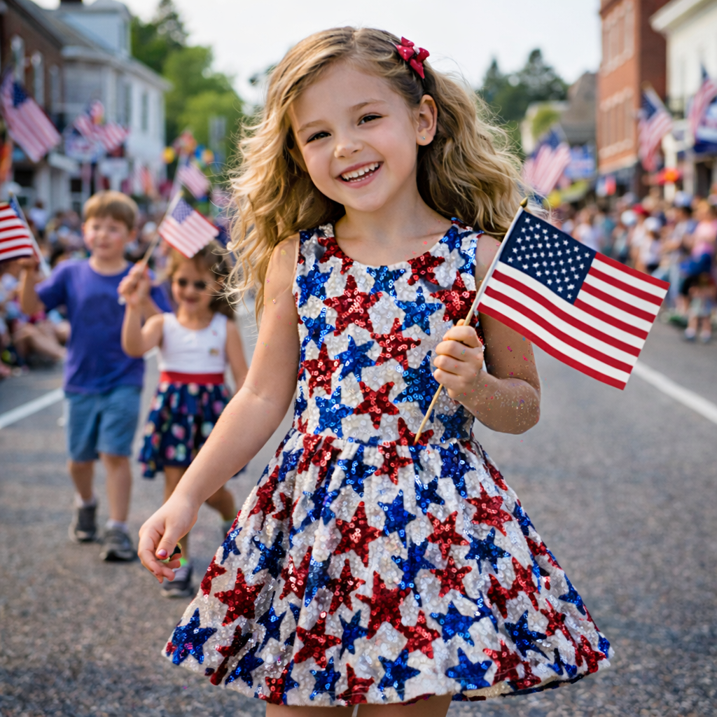 Girls Patriotic Star Sequin Dress – Sleeveless Twirl Dress for Kids | Independence Day Party & Summer Holiday Outfit
