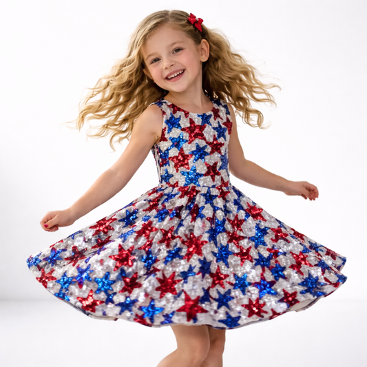 Girls Patriotic Star Sequin Dress – Sleeveless Twirl Dress for Kids | Independence Day Party & Summer Holiday Outfit