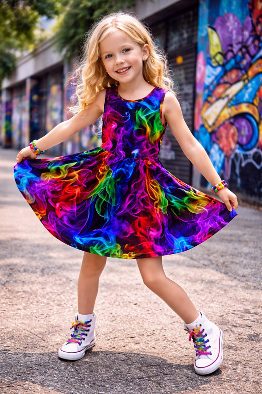 Girls Rainbow Smoke Sleeveless Dress with Pockets – Casual Dress