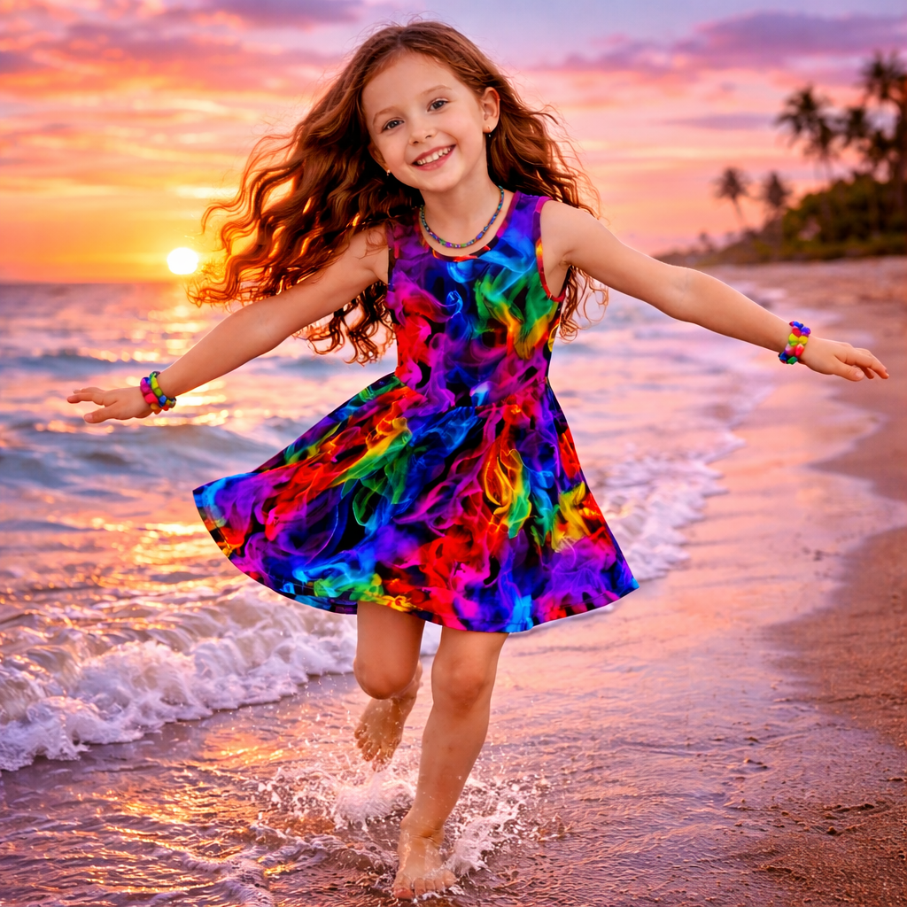 Girls Rainbow Smoke Sleeveless Dress with Pockets – Casual Dress
